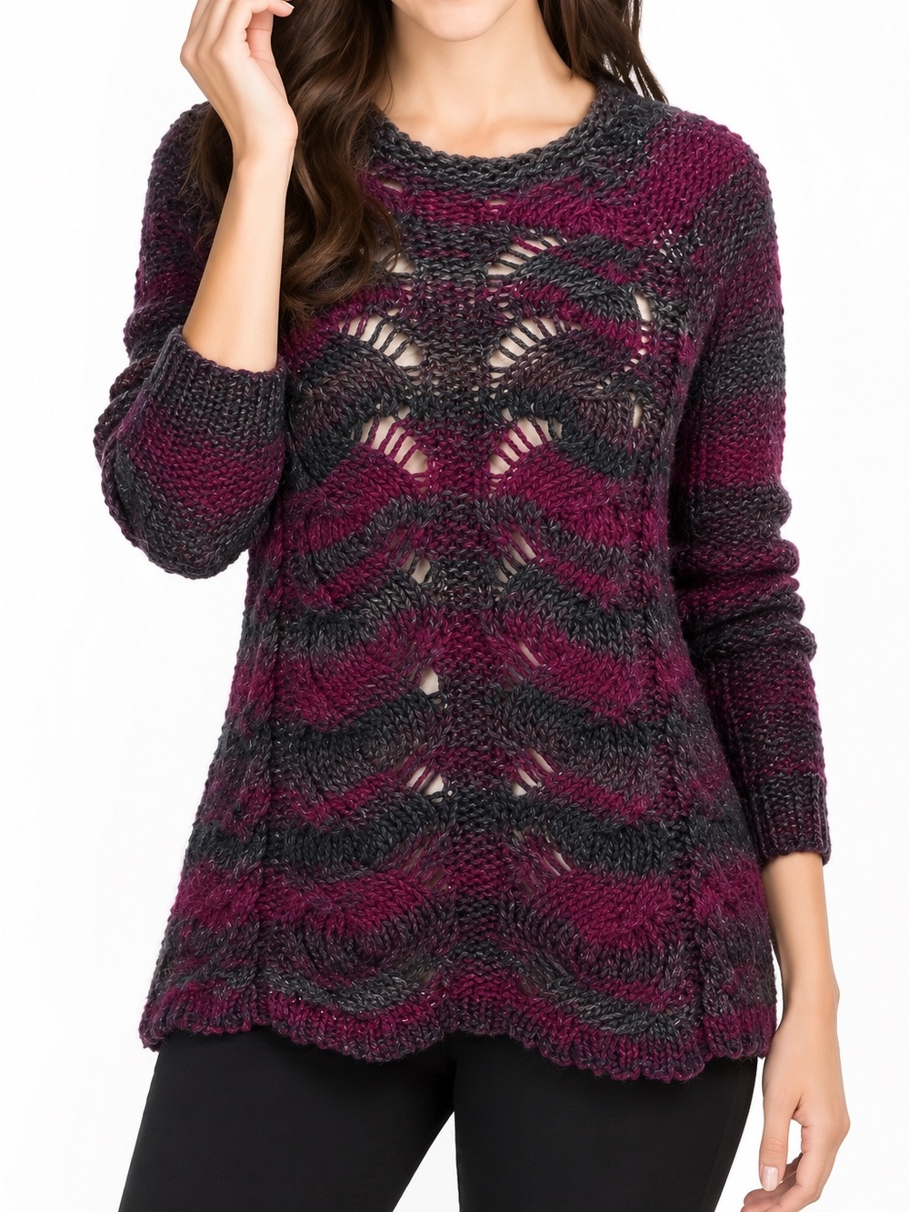 EUC Lola’s Women’s Scoop Neck Open Knit Sweater | Purple& Gray Stripes